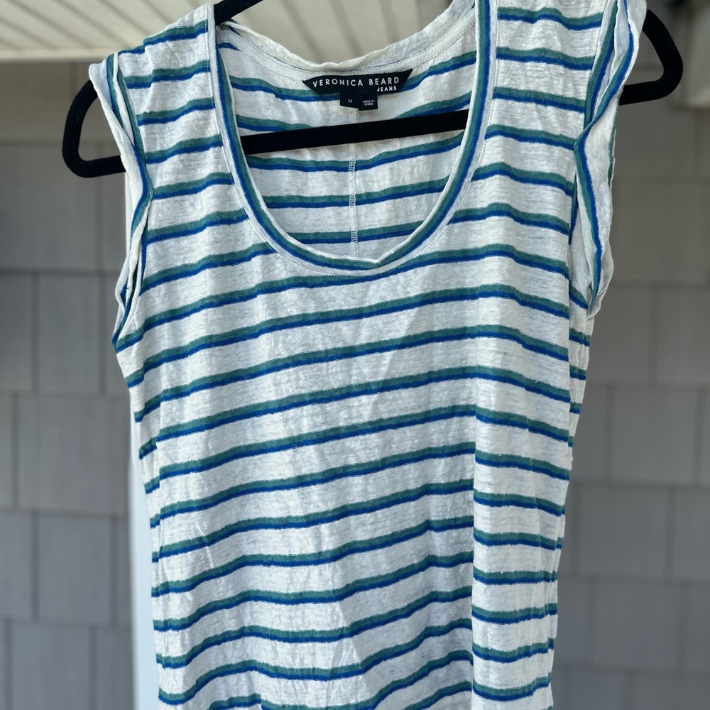 Veronica Beard White and Blue Striped Tank Top